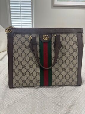 Gucci Beige GG Canvas Tote with Brown Trim and Green-Red Web